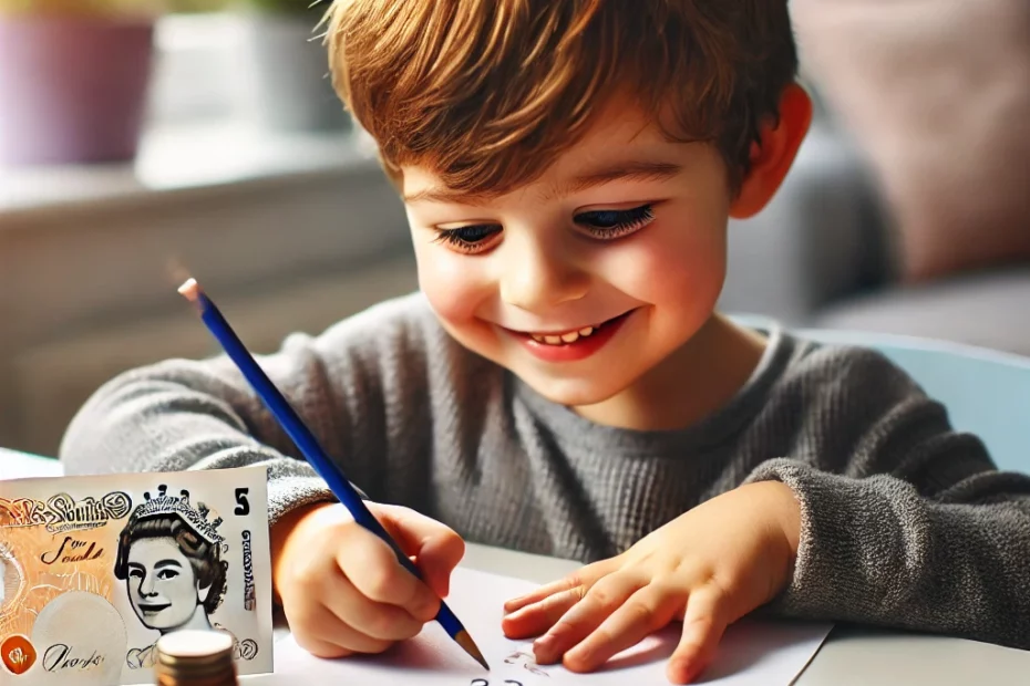 Cheerful child solving a money problem on paper with coins and notes scattered around